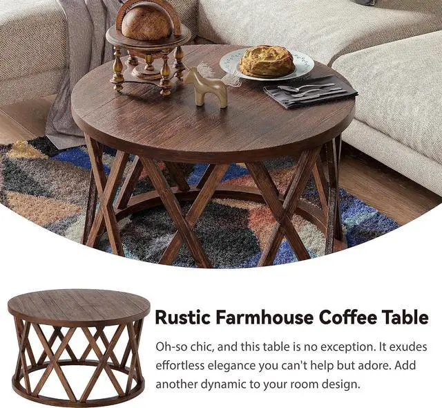 Alt view image 3 of 7 - Rustic Farmhouse Coffee Table, Round Coffee Table with X-Motifs Legs, Wood Textured Top, for Boho, French Country Decor, Brown