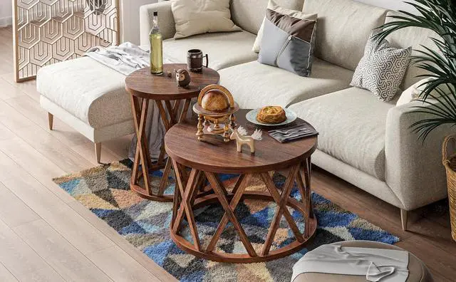 Alt view image 6 of 7 - Rustic Farmhouse Coffee Table, Round Coffee Table with X-Motifs Legs, Wood Textured Top, for Boho, French Country Decor, Brown