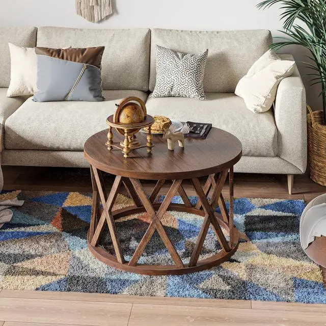 Alt view image 4 of 7 - Rustic Farmhouse Coffee Table, Round Coffee Table with X-Motifs Legs, Wood Textured Top, for Boho, French Country Decor, Brown