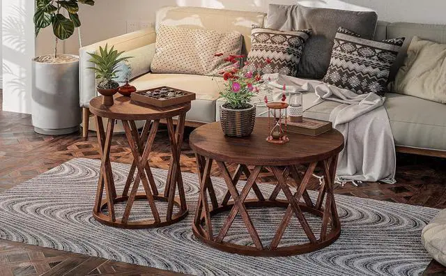 Alt view image 5 of 7 - Rustic Farmhouse Coffee Table, Round Coffee Table with X-Motifs Legs, Wood Textured Top, for Boho, French Country Decor, Brown