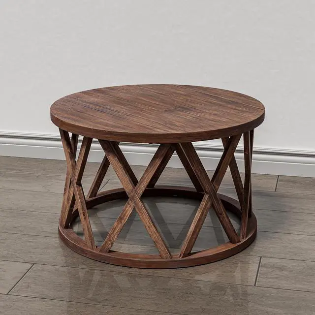 Alt view image 7 of 7 - Rustic Farmhouse Coffee Table, Round Coffee Table with X-Motifs Legs, Wood Textured Top, for Boho, French Country Decor, Brown