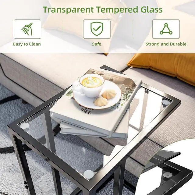 Alt view image 4 of 7 - Simple Trending Tempered Glass C Shaped End Table, TV Tray Side Table for Couch, Black
