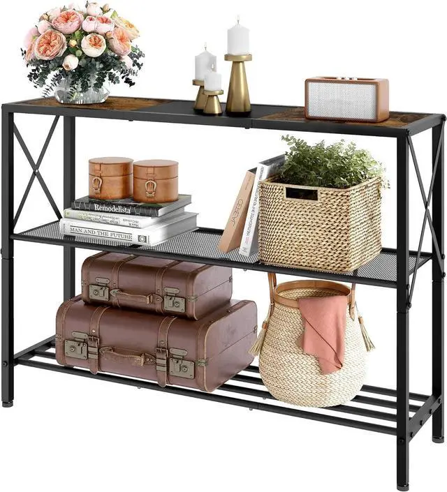 Main image of Hoctieon Industrial Console Table, 3 Tier Entryway Table, Hallway Table, Narrow Sofa Table with Shelves, Entrance Table for Entryway, Rustic Brown&Black