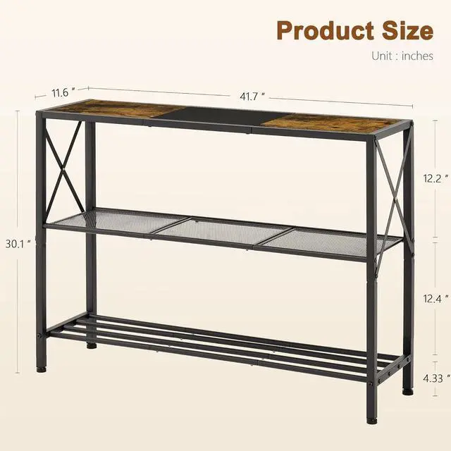 Alt view image 3 of 7 - Hoctieon Industrial Console Table, 3 Tier Entryway Table, Hallway Table, Narrow Sofa Table with Shelves, Entrance Table for Entryway, Rustic Brown&Black