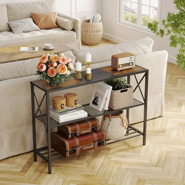 Alt view image 2 of 7 - Hoctieon Industrial Console Table, 3 Tier Entryway Table, Hallway Table, Narrow Sofa Table with Shelves, Entrance Table for Entryway, Rustic Brown&Black