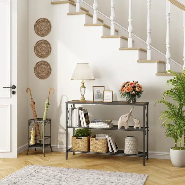 Alt view image 6 of 7 - Hoctieon Industrial Console Table, 3 Tier Entryway Table, Hallway Table, Narrow Sofa Table with Shelves, Entrance Table for Entryway, Rustic Brown&Black
