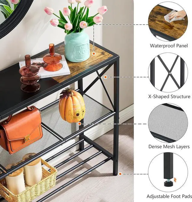 Alt view image 7 of 7 - Hoctieon Industrial Console Table, 3 Tier Entryway Table, Hallway Table, Narrow Sofa Table with Shelves, Entrance Table for Entryway, Rustic Brown&Black