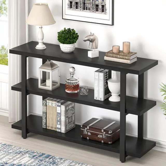 Main image of FOLUBAN Black Entryway Table, Modern Console Tables with 3 Tier Storage Shelves for Living Room, Wood and Metal Sofa Table for Hallway, Entrance, or Behind Couch, 47 Inch