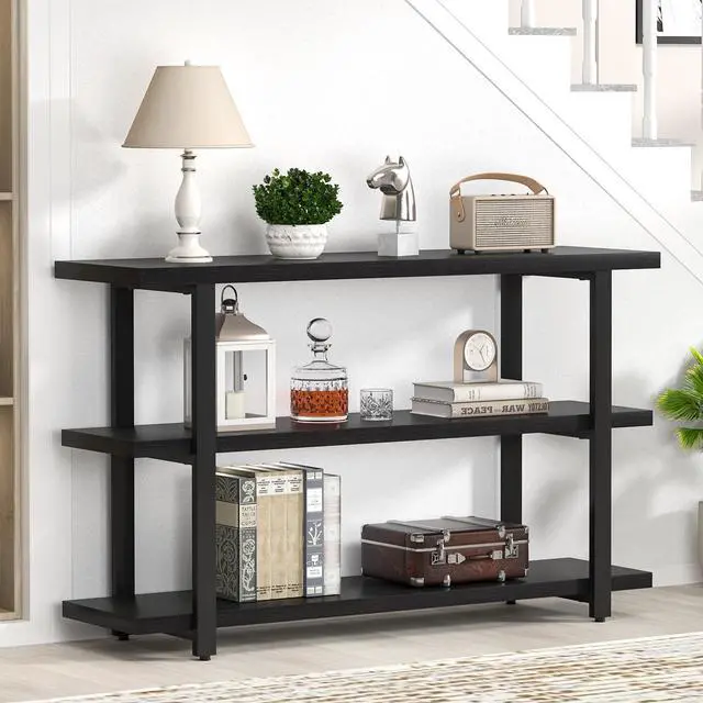 Alt view image 3 of 7 - FOLUBAN Black Entryway Table, Modern Console Tables with 3 Tier Storage Shelves for Living Room, Wood and Metal Sofa Table for Hallway, Entrance, or Behind Couch, 47 Inch