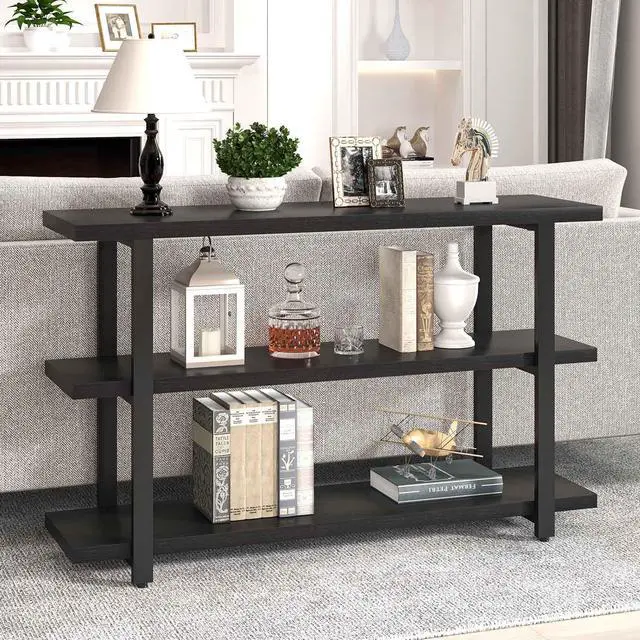 Alt view image 5 of 7 - FOLUBAN Black Entryway Table, Modern Console Tables with 3 Tier Storage Shelves for Living Room, Wood and Metal Sofa Table for Hallway, Entrance, or Behind Couch, 47 Inch