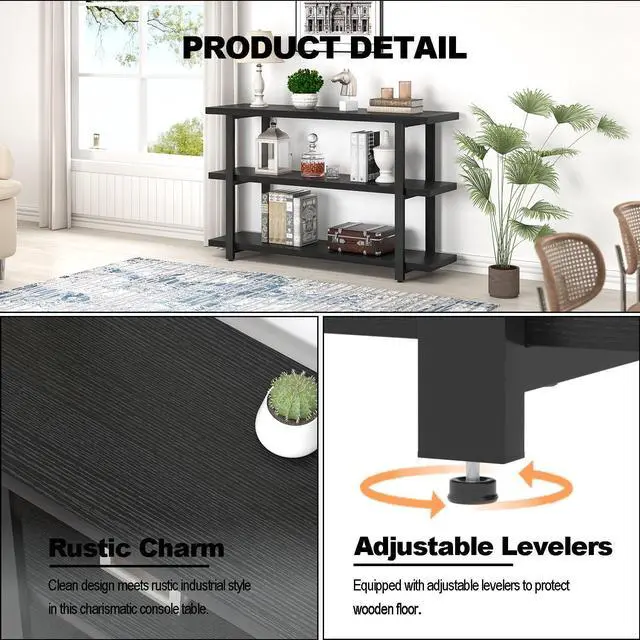 Alt view image 6 of 7 - FOLUBAN Black Entryway Table, Modern Console Tables with 3 Tier Storage Shelves for Living Room, Wood and Metal Sofa Table for Hallway, Entrance, or Behind Couch, 47 Inch
