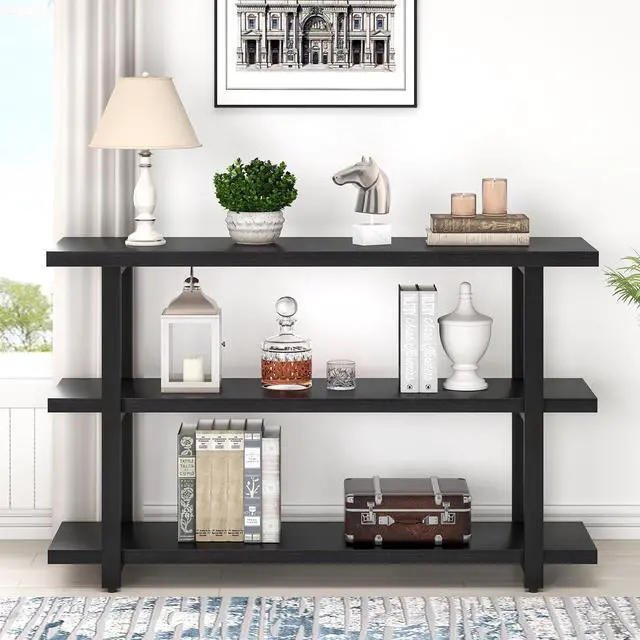 Alt view image 7 of 7 - FOLUBAN Black Entryway Table, Modern Console Tables with 3 Tier Storage Shelves for Living Room, Wood and Metal Sofa Table for Hallway, Entrance, or Behind Couch, 47 Inch
