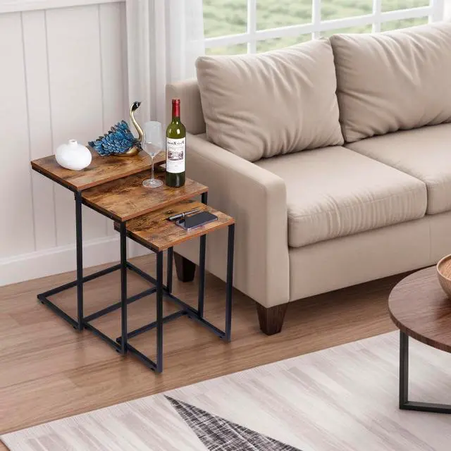 Alt view image 2 of 7 - SUPER DEAL Nesting Side Tables Set of 3 Industrial C Shaped End Table Set Stackable Coffee Table Heavy Duty Metal Frame for Small Space, Living Room, Bedroom, Tray for Laptop Coffee Snack