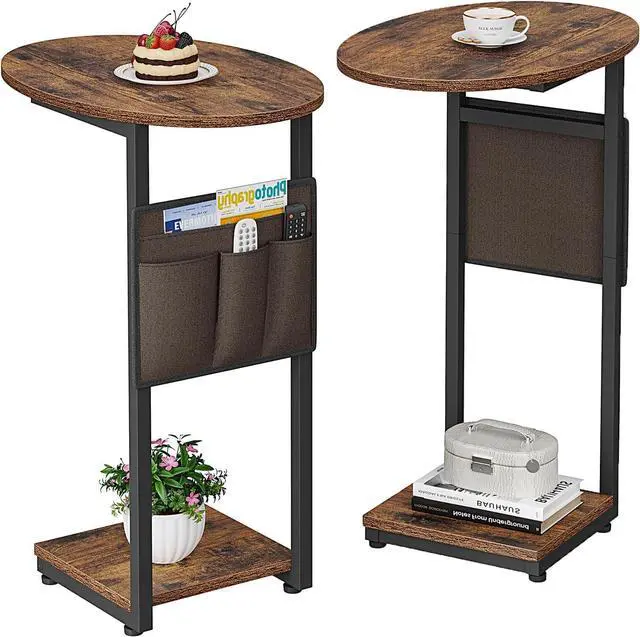 Main image of Vagusicc C Shaped End Table for Couch, Small Side Table for Couch, Small Couch Side Table for Small Spaces, Side Table Slide Under Sofa Table TV Tray with Metal Frame for Living Room, Bedroom (Brown)