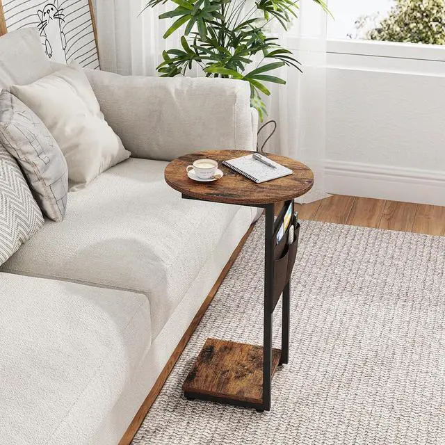 Alt view image 6 of 7 - Vagusicc C Shaped End Table for Couch, Small Side Table for Couch, Small Couch Side Table for Small Spaces, Side Table Slide Under Sofa Table TV Tray with Metal Frame for Living Room, Bedroom (Brown)