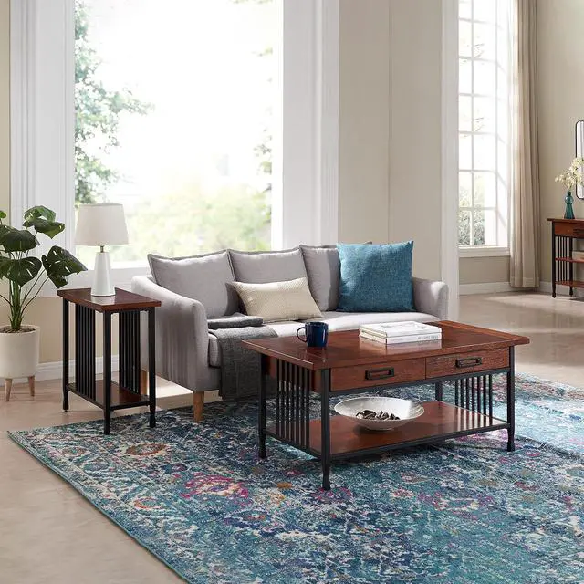 Alt view image 2 of 7 - Leick Home 11204 Ironcraft Two Drawer Rustic Coffee Table with Shelf, Mission Oak and Black