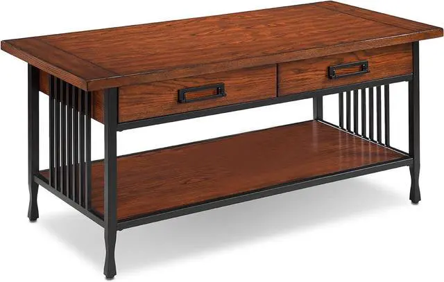 Alt view image 4 of 7 - Leick Home 11204 Ironcraft Two Drawer Rustic Coffee Table with Shelf, Mission Oak and Black