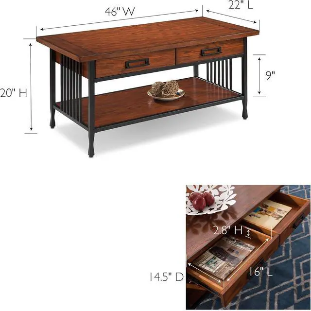 Alt view image 3 of 7 - Leick Home 11204 Ironcraft Two Drawer Rustic Coffee Table with Shelf, Mission Oak and Black