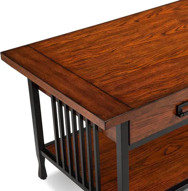 Alt view image 5 of 7 - Leick Home 11204 Ironcraft Two Drawer Rustic Coffee Table with Shelf, Mission Oak and Black