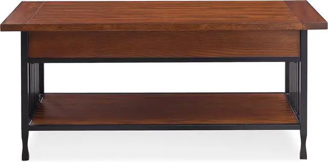 Alt view image 6 of 7 - Leick Home 11204 Ironcraft Two Drawer Rustic Coffee Table with Shelf, Mission Oak and Black