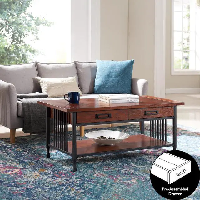 Alt view image 7 of 7 - Leick Home 11204 Ironcraft Two Drawer Rustic Coffee Table with Shelf, Mission Oak and Black