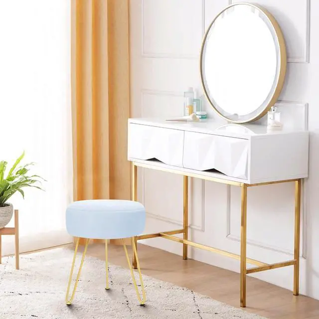 Alt view image 2 of 7 - GERANT Multifunctional Vanity Stool - Velvet Footrest Stool-Upholstered Chair Stool -Ottoman Round Modern Dressing Chair - Side Coffee Table Seat with Golden Metal Leg for Living Room (Light Blue)