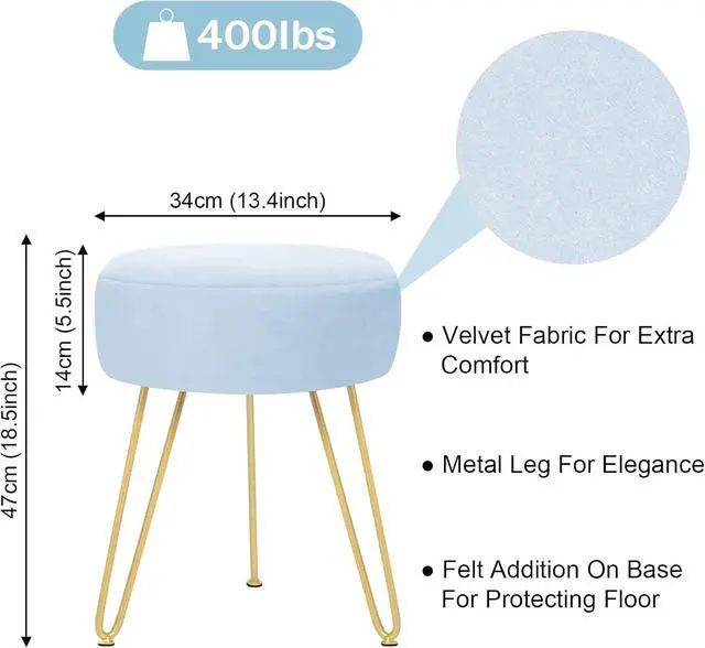 Alt view image 3 of 7 - GERANT Multifunctional Vanity Stool - Velvet Footrest Stool-Upholstered Chair Stool -Ottoman Round Modern Dressing Chair - Side Coffee Table Seat with Golden Metal Leg for Living Room (Light Blue)