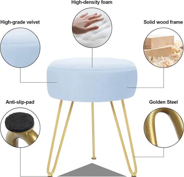 Alt view image 5 of 7 - GERANT Multifunctional Vanity Stool - Velvet Footrest Stool-Upholstered Chair Stool -Ottoman Round Modern Dressing Chair - Side Coffee Table Seat with Golden Metal Leg for Living Room (Light Blue)