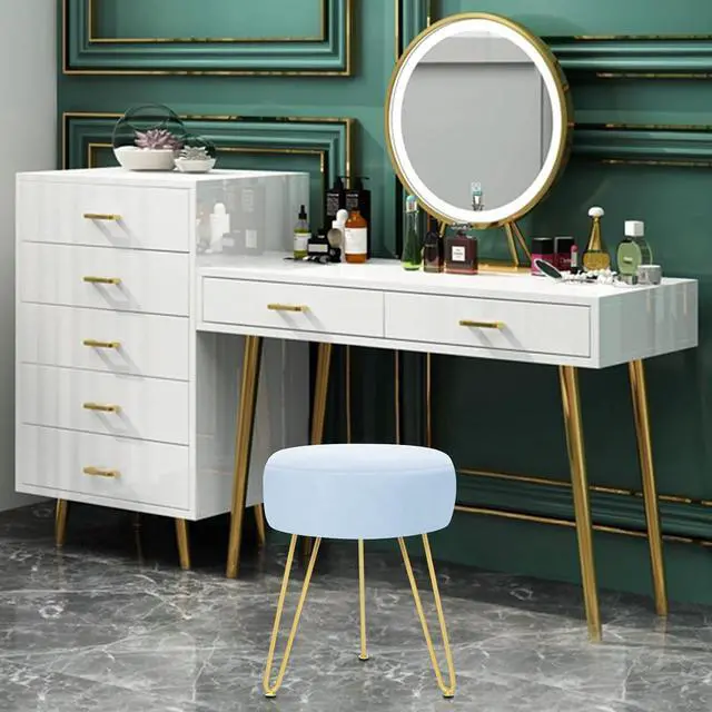 Alt view image 7 of 7 - GERANT Multifunctional Vanity Stool - Velvet Footrest Stool-Upholstered Chair Stool -Ottoman Round Modern Dressing Chair - Side Coffee Table Seat with Golden Metal Leg for Living Room (Light Blue)