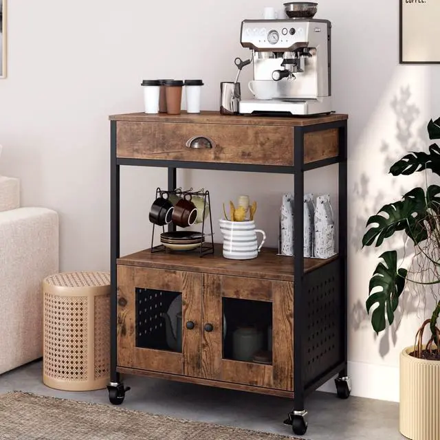 Main image of Catrimown Coffee Cart with Storage, Coffee Cart Station, Coffee Bar Cart on Wheels, Small Microwave Cart with Drawer for Kitchen, Living Room, Rustic Brown
