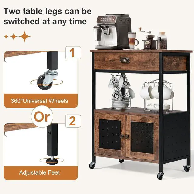Alt view image 3 of 7 - Catrimown Coffee Cart with Storage, Coffee Cart Station, Coffee Bar Cart on Wheels, Small Microwave Cart with Drawer for Kitchen, Living Room, Rustic Brown