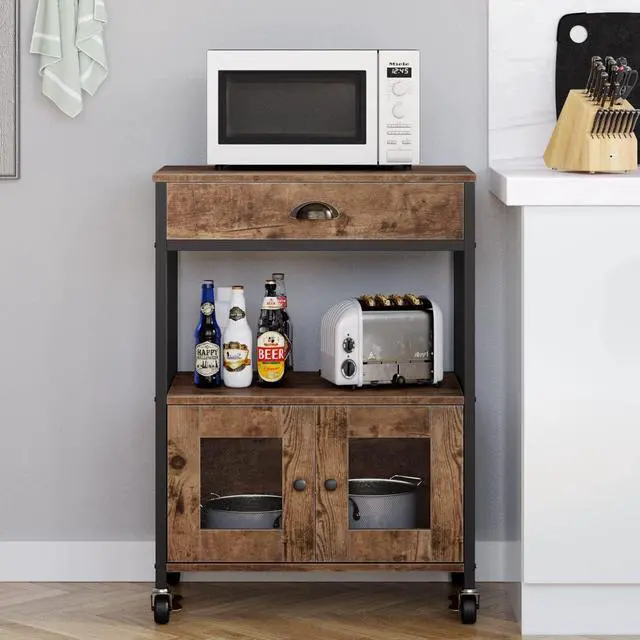 Alt view image 5 of 7 - Catrimown Coffee Cart with Storage, Coffee Cart Station, Coffee Bar Cart on Wheels, Small Microwave Cart with Drawer for Kitchen, Living Room, Rustic Brown