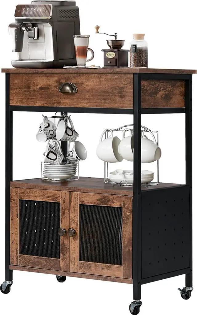 Alt view image 7 of 7 - Catrimown Coffee Cart with Storage, Coffee Cart Station, Coffee Bar Cart on Wheels, Small Microwave Cart with Drawer for Kitchen, Living Room, Rustic Brown