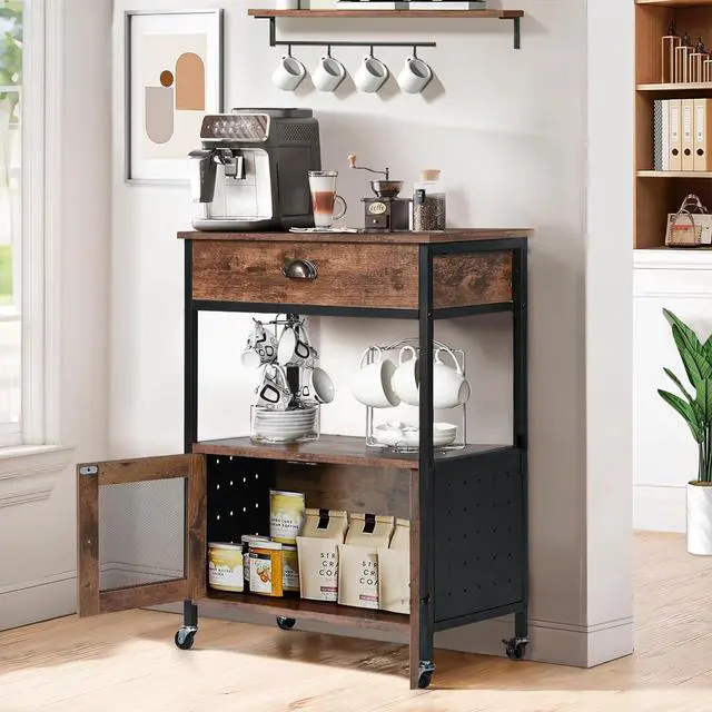 Alt view image 6 of 7 - Catrimown Coffee Cart with Storage, Coffee Cart Station, Coffee Bar Cart on Wheels, Small Microwave Cart with Drawer for Kitchen, Living Room, Rustic Brown