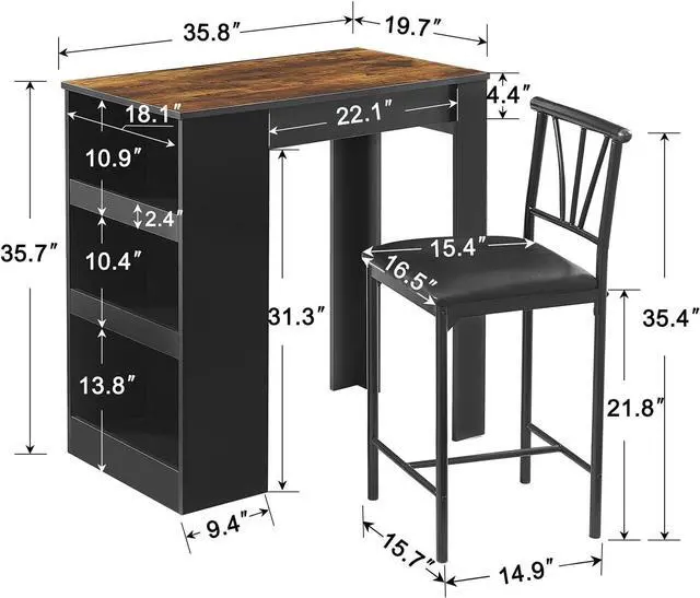 Alt view image 6 of 6 - VECELO Small Bar Table and Chairs Tall Kitchen Breakfast Nook with Stools/Dining Set for 2, Storage Shelves, Space-Saving, Retro