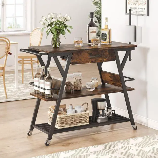 Alt view image 2 of 7 - Bestier Coffee Bar Station, Kitchen Island Cart with Storage, Coffee Cart with Drawer, Paper Towel Holder and Lockable Wheels, Bar Table for Dinning Room Living Room, Rustic