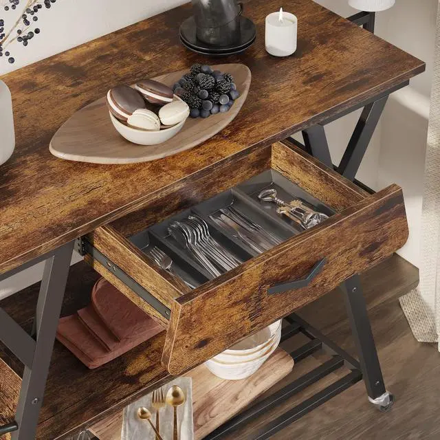 Alt view image 3 of 7 - Bestier Coffee Bar Station, Kitchen Island Cart with Storage, Coffee Cart with Drawer, Paper Towel Holder and Lockable Wheels, Bar Table for Dinning Room Living Room, Rustic