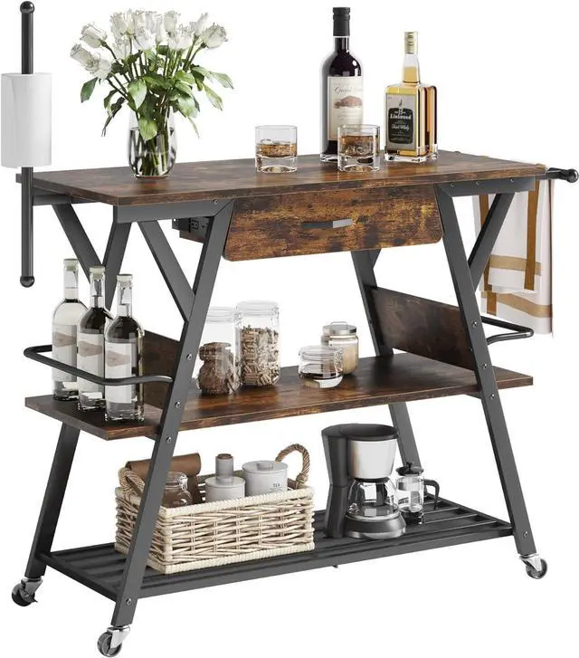 Alt view image 7 of 7 - Bestier Coffee Bar Station, Kitchen Island Cart with Storage, Coffee Cart with Drawer, Paper Towel Holder and Lockable Wheels, Bar Table for Dinning Room Living Room, Rustic