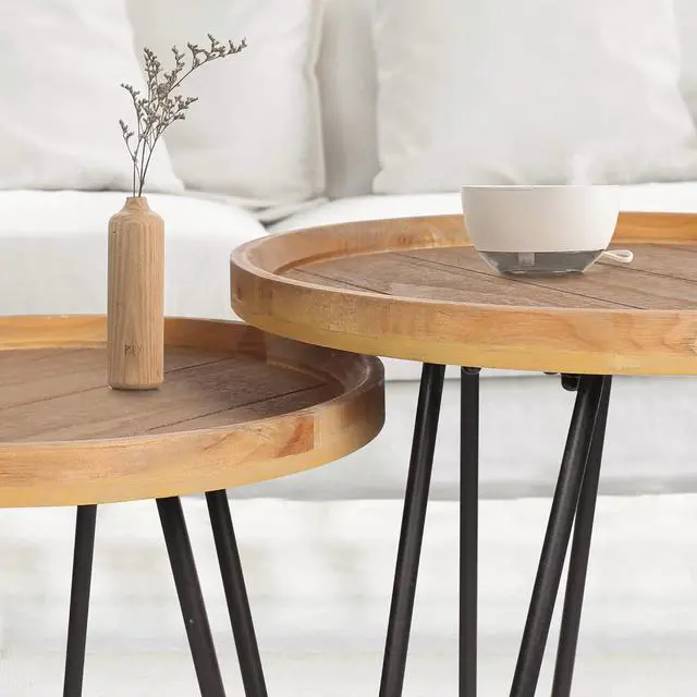 Alt view image 4 of 7 - Oakrain Nesting Tables for Living Room, Round Nesting Coffee Table, Farmhouse End Tables Living Room Set of 2, Wood Side Tables Set of 2 for Sofa, Bedroom