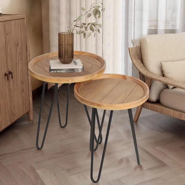 Alt view image 5 of 7 - Oakrain Nesting Tables for Living Room, Round Nesting Coffee Table, Farmhouse End Tables Living Room Set of 2, Wood Side Tables Set of 2 for Sofa, Bedroom