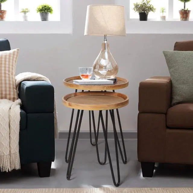 Alt view image 7 of 7 - Oakrain Nesting Tables for Living Room, Round Nesting Coffee Table, Farmhouse End Tables Living Room Set of 2, Wood Side Tables Set of 2 for Sofa, Bedroom