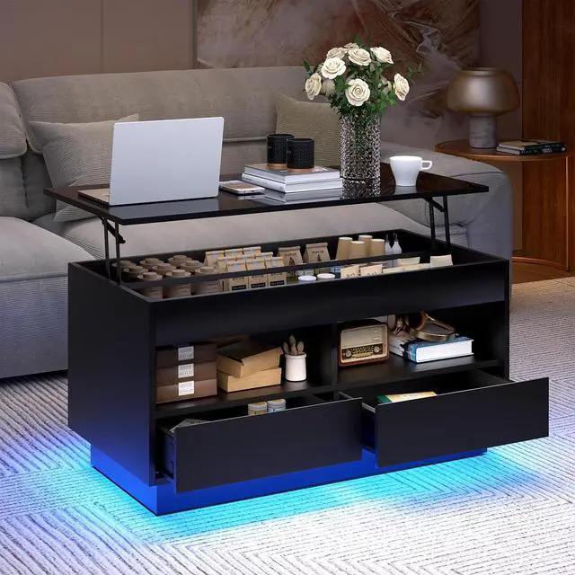 Main image of HOMMPA 40'' LED Coffee Table Morden with High Gloss Black Lift Top Dining Table with Hidden Storage Living Room 4 Tiers Tea Table Center Tables Hidden Compartment & 2 Open Shelve & 2 Drawers