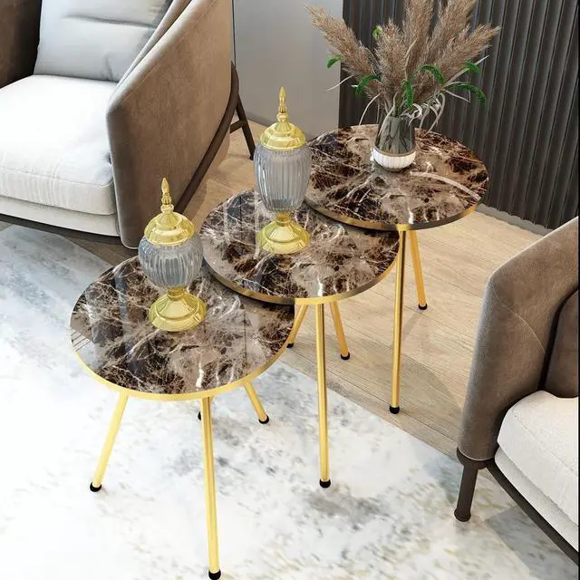 Main image of Set of 3 Nesting END Tables - Round Stacking Coffee Side Tables for Small Spaces, Nightstand Bedside Table for Living Room, Bedroom, Living Room, Balcony, NO-TOOLS ASSEMBLY (Brown Marble/Gold)