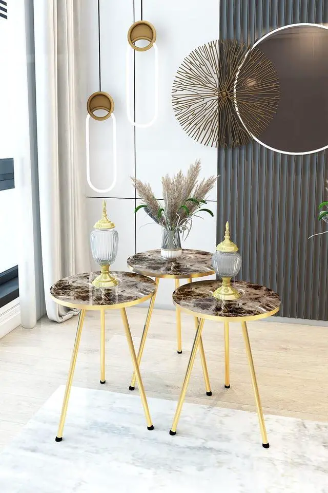 Alt view image 3 of 7 - Set of 3 Nesting END Tables - Round Stacking Coffee Side Tables for Small Spaces, Nightstand Bedside Table for Living Room, Bedroom, Living Room, Balcony, NO-TOOLS ASSEMBLY (Brown Marble/Gold)