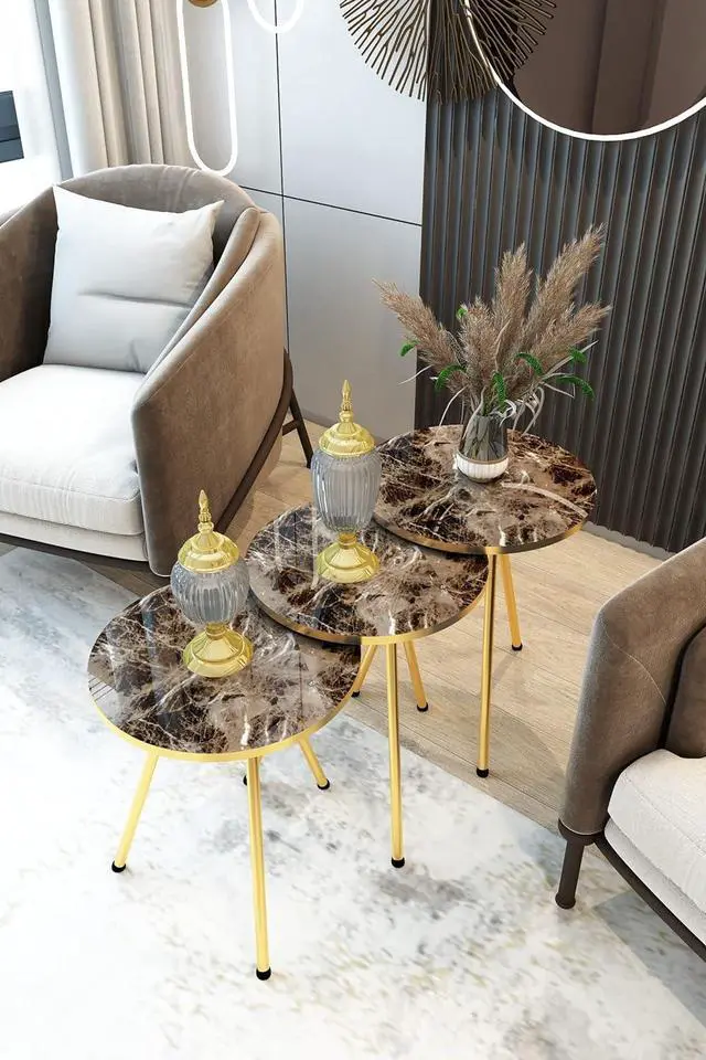 Alt view image 5 of 7 - Set of 3 Nesting END Tables - Round Stacking Coffee Side Tables for Small Spaces, Nightstand Bedside Table for Living Room, Bedroom, Living Room, Balcony, NO-TOOLS ASSEMBLY (Brown Marble/Gold)