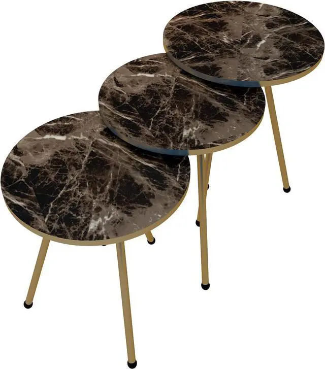 Alt view image 4 of 7 - Set of 3 Nesting END Tables - Round Stacking Coffee Side Tables for Small Spaces, Nightstand Bedside Table for Living Room, Bedroom, Living Room, Balcony, NO-TOOLS ASSEMBLY (Brown Marble/Gold)