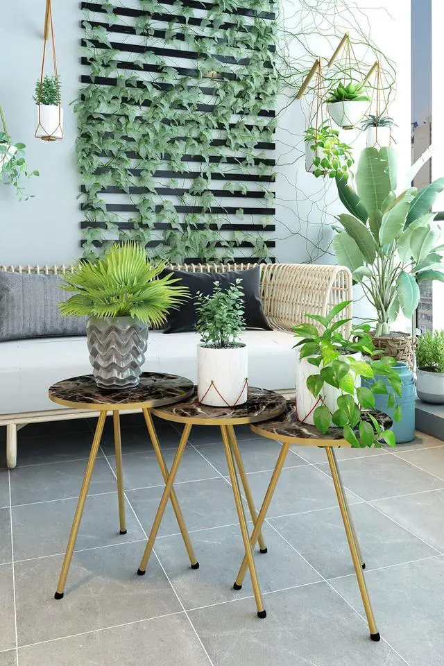 Alt view image 6 of 7 - Set of 3 Nesting END Tables - Round Stacking Coffee Side Tables for Small Spaces, Nightstand Bedside Table for Living Room, Bedroom, Living Room, Balcony, NO-TOOLS ASSEMBLY (Brown Marble/Gold)