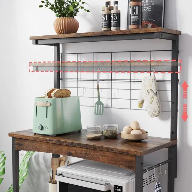 Alt view image 2 of 7 - Bestier Bakers Racks with Storage Cabinet, Height-Adjustable 45" to 55" Microwave Stand for Kitchen with Wheels & Feet, Industrial Rolling Coffee Bar Shelf with 10 S-Hooks Rustic Brown