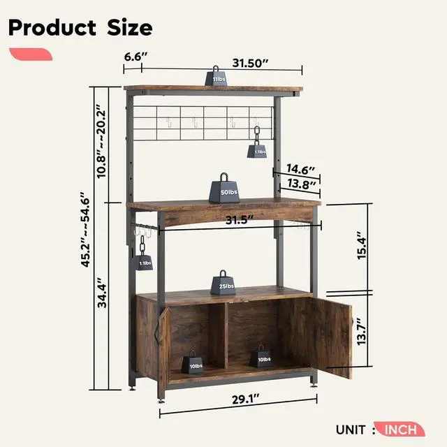 Alt view image 6 of 7 - Bestier Bakers Racks with Storage Cabinet, Height-Adjustable 45" to 55" Microwave Stand for Kitchen with Wheels & Feet, Industrial Rolling Coffee Bar Shelf with 10 S-Hooks Rustic Brown