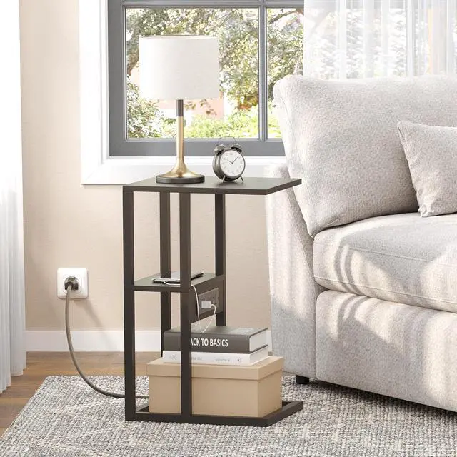 Alt view image 2 of 7 - TUTOTAK C-Shaped Side Table, C Table End Table with Charging Station, Sofa Couch Table for Small Spaces, Couch Side Table for Livingroom, Bedroom, Black TB01BK043